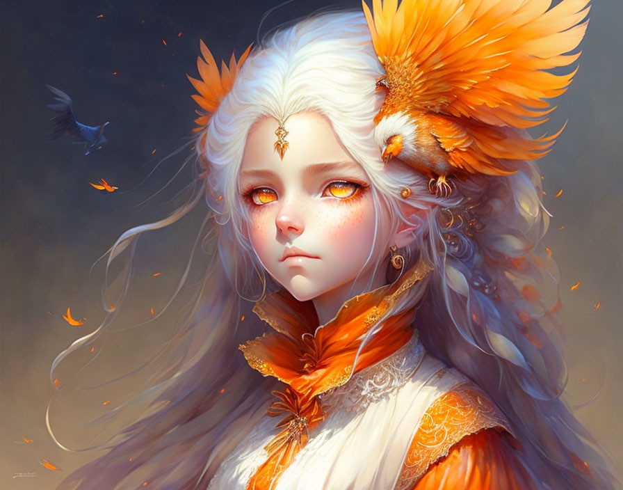 Illustration of girl with white hair, yellow eyes, orange headpiece, surrounded by leaves and bird