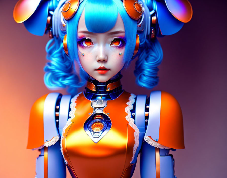 Colorful 3D female android with blue hair and headphones on gradient background