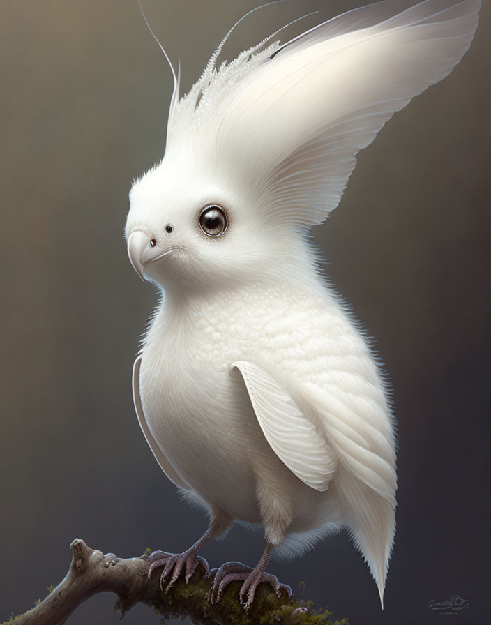 White cockatoo-like creature with oversized head and expressive eyes on branch