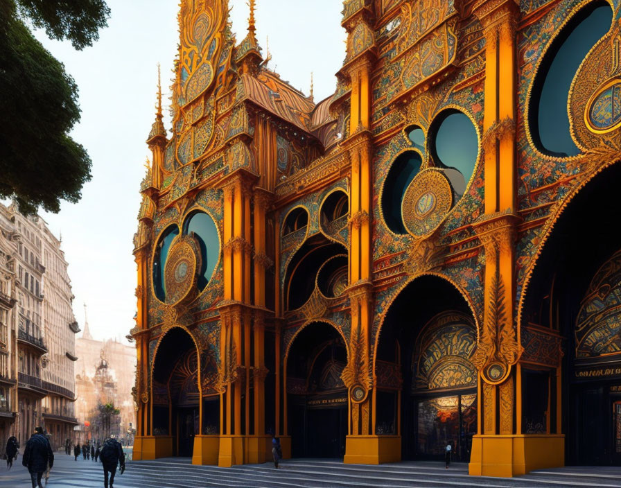 Elaborate Golden Building Facade with Arches and People Walking by