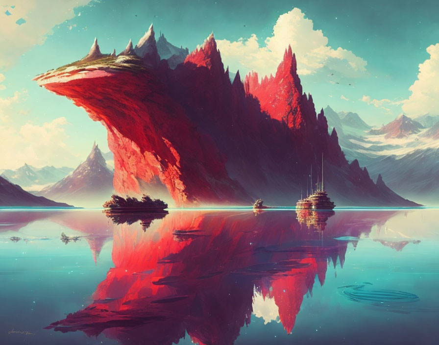 Tranquil digital artwork: vast lake, crimson mountains, blue sky.