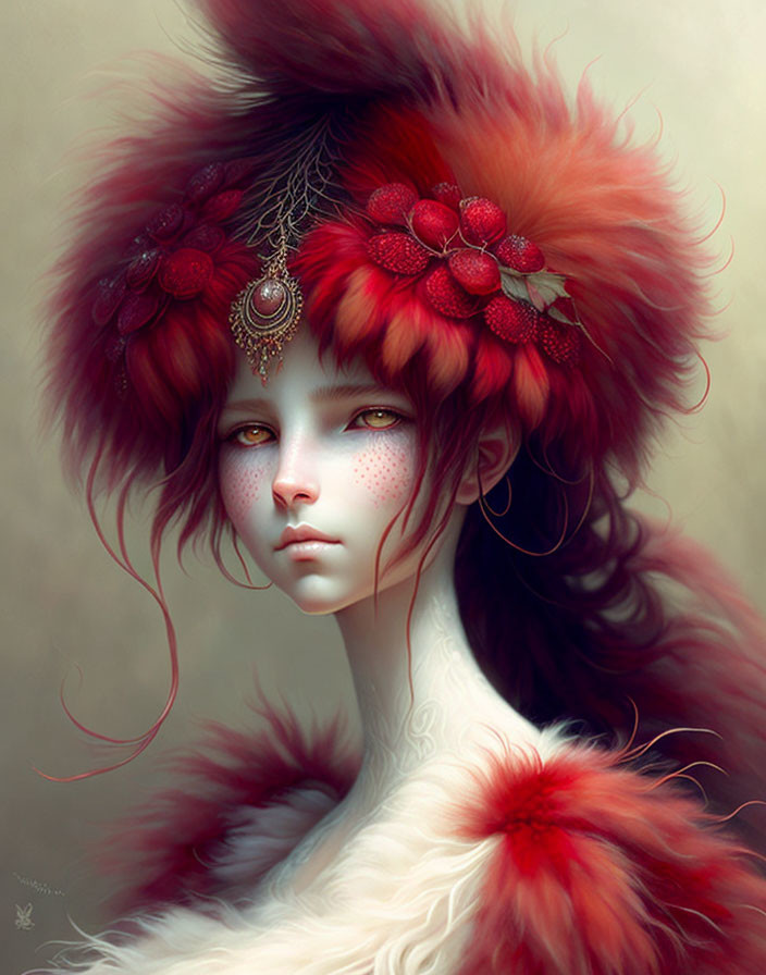 Fantasy female digital artwork with red and white fur, floral decorations, jeweled headpiece, soft