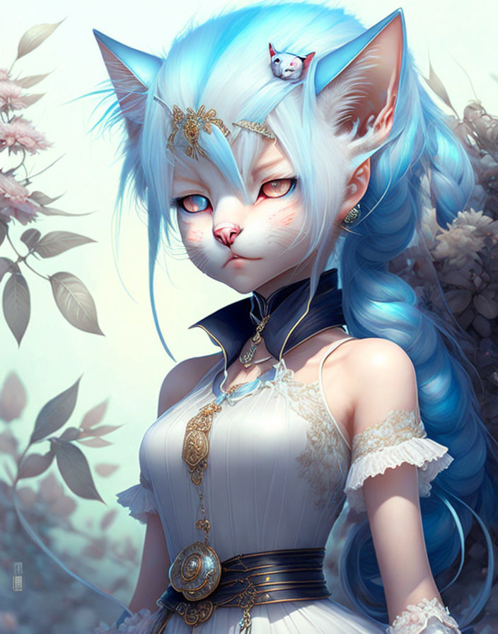 Blue cat-like anthropomorphic character in elegant dress with small cat on head on floral background