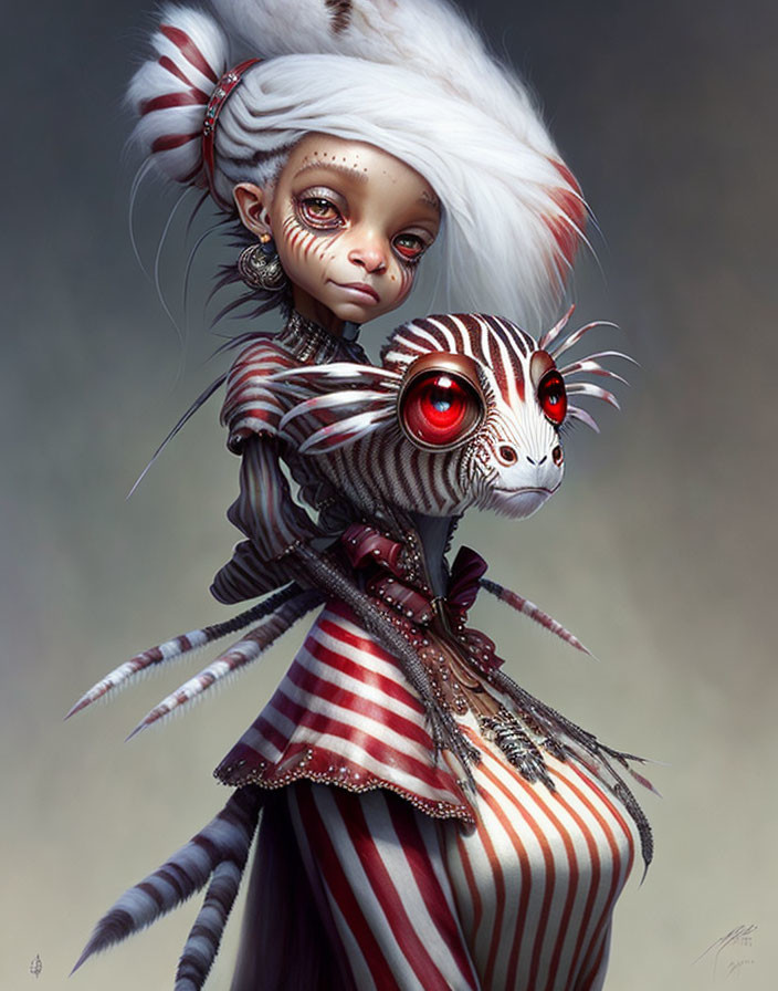 Fantasy illustration: Female character with large red eyes and striped attire, accompanied by fantastical creature with