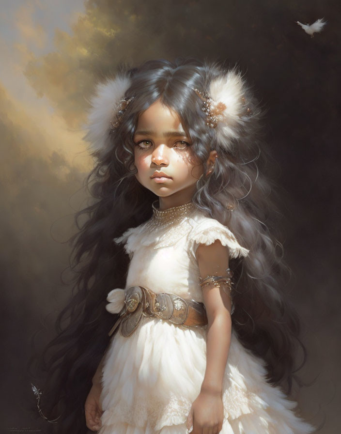 Young girl with expressive eyes in digital painting with feathered accessories