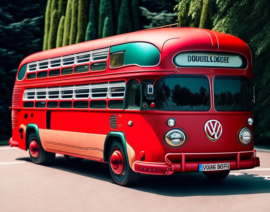 Vintage red double-decker bus with Volkswagen branding in green setting