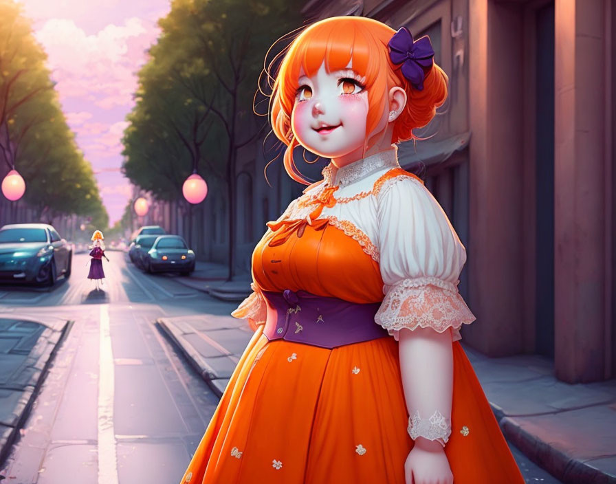 Colorful Illustration: Cheerful Girl with Orange Hair and Dress Walking in City at Sunset