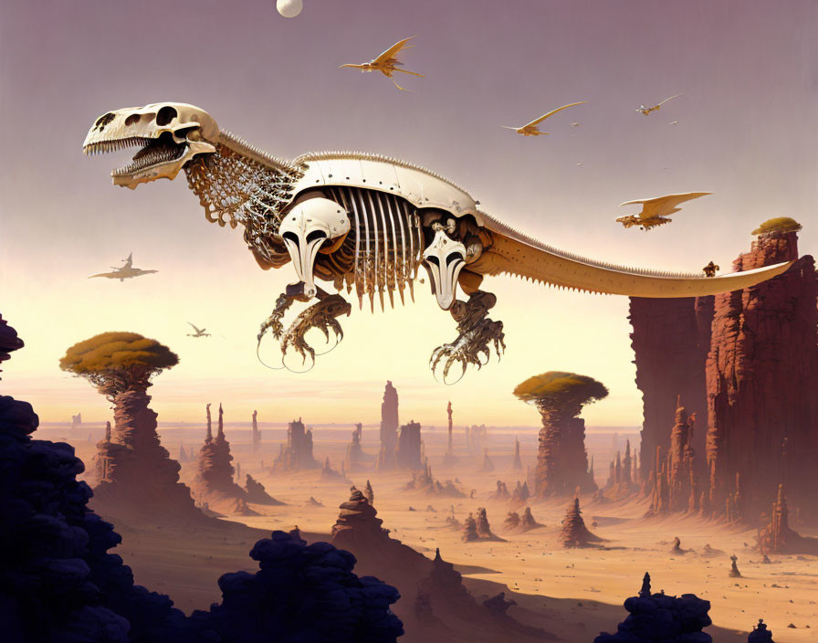 Fantastical desert landscape with floating skeletal structure