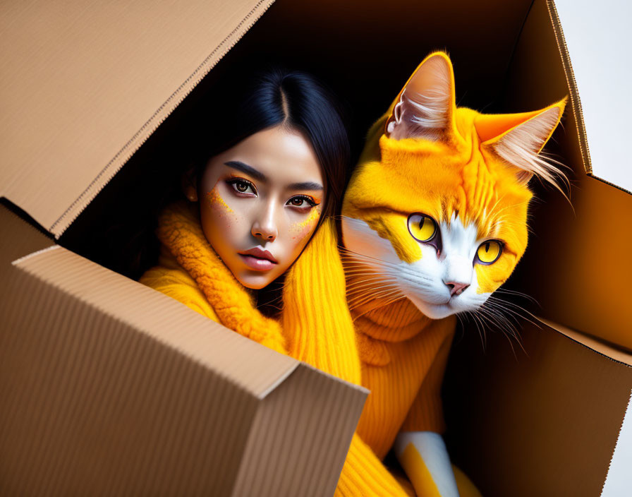 Woman and orange cat in matching yellow outfits with striking yellow eyes in cardboard boxes