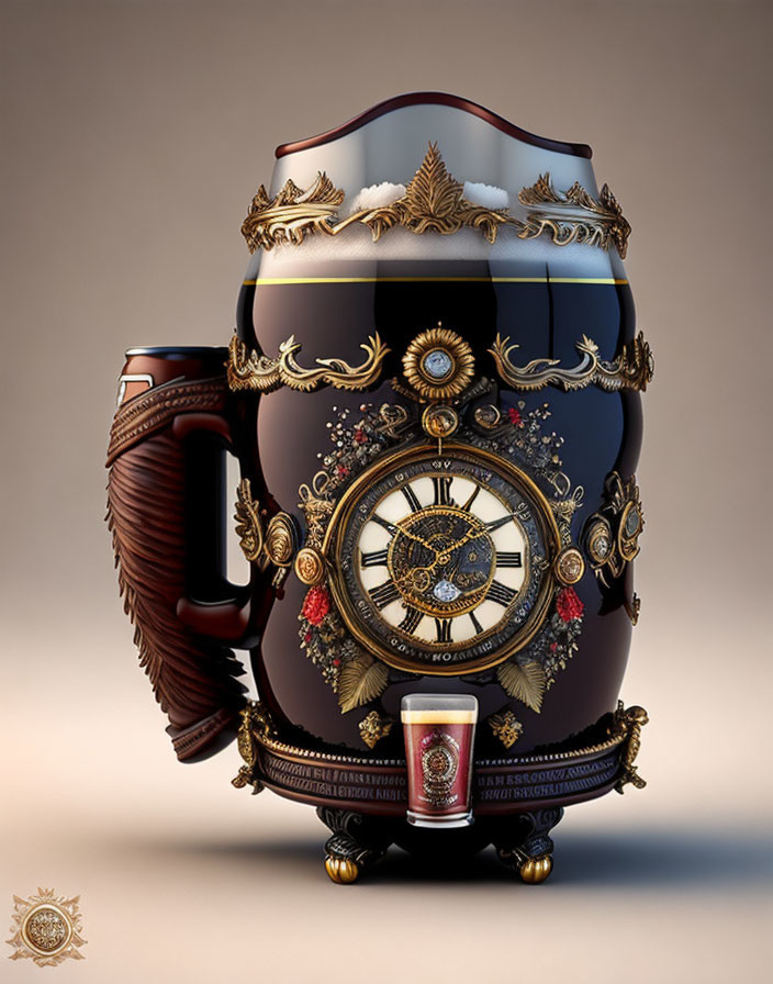 Steampunk-style beer mug with clockwork designs and golden embellishments