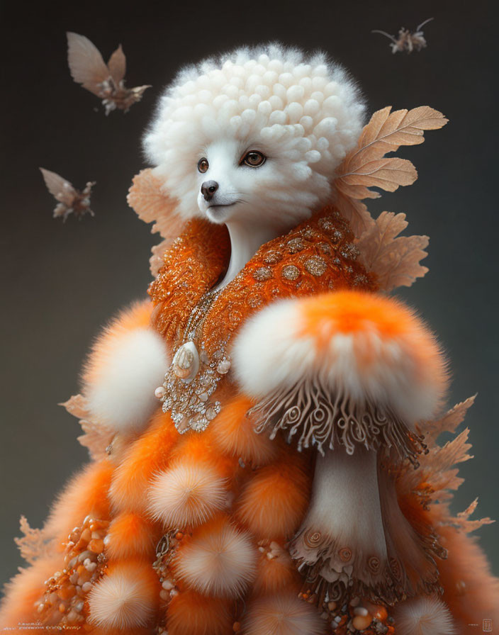 Whimsical digital art: creature with poodle head, orange puffy body, jewelry, and