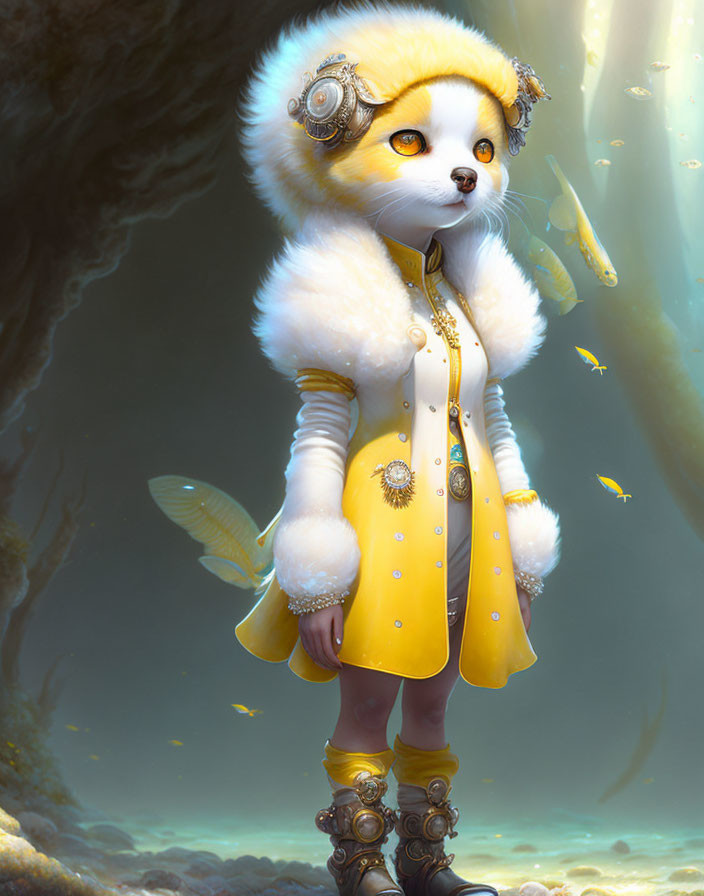 White Cat in Steampunk Outfit in Enchanted Forest