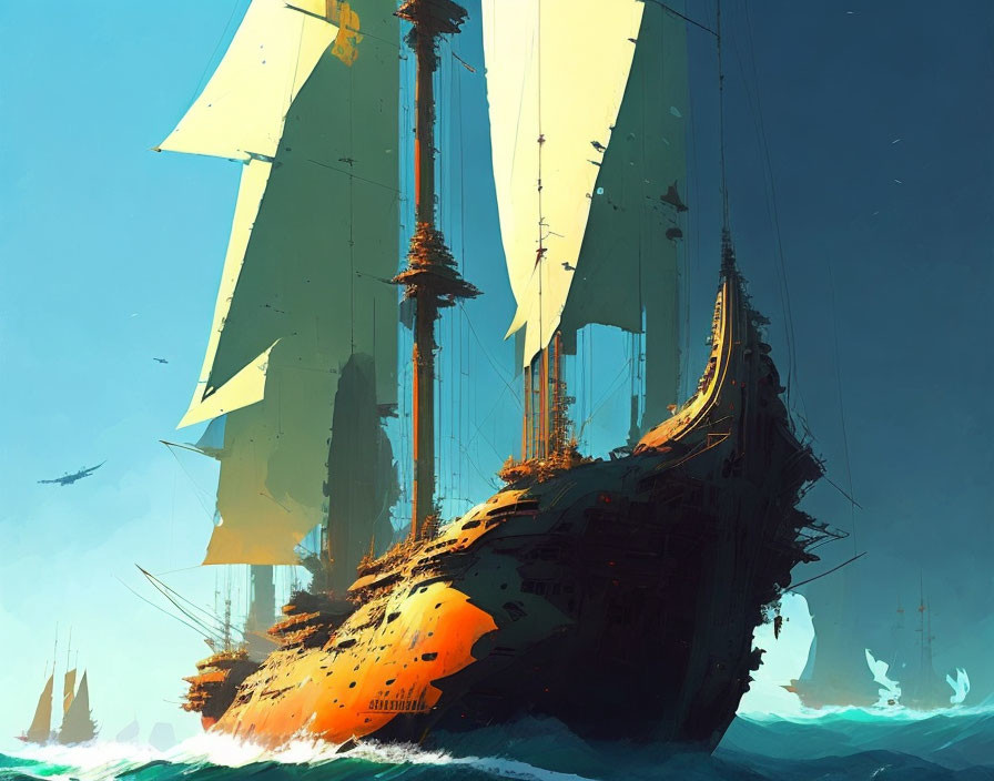 Detailed ocean scene with grand sailing ship and birds on blue sky