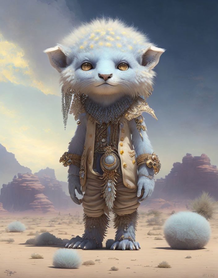 Fluffy Blue Feline Creature in Desert Landscape with Golden Adornments