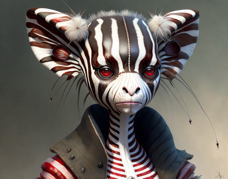 Surreal anthropomorphic creature with zebra-like stripes and red eyes dressed in a striped garment.