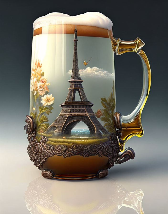 Digital Art: Beer mug with Eiffel Tower and floral design