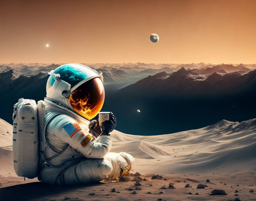 Astronaut taking selfie on alien landscape with mountains and planets.