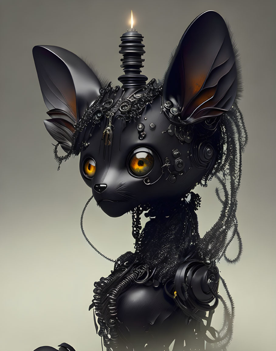 Detailed mechanical cat-like creature with glossy eyes and intricate metallic components