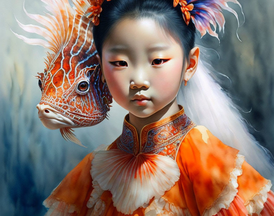 Young girl in traditional orange attire with vibrant fish on blue background