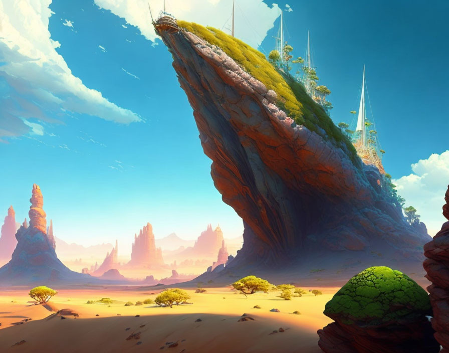 Fantasy landscape with towering rock formation and desert surroundings