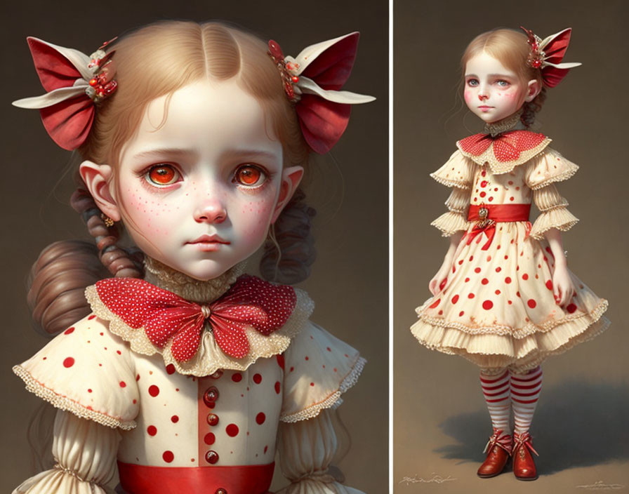 Digital painting: Girl with expressive eyes, polka-dot dress, striped stockings, hair bows