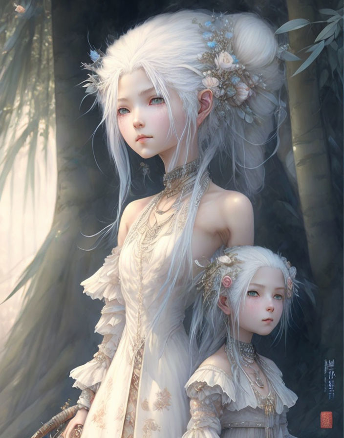 Ethereal female illustration in misty forest with white hair and flower adornments