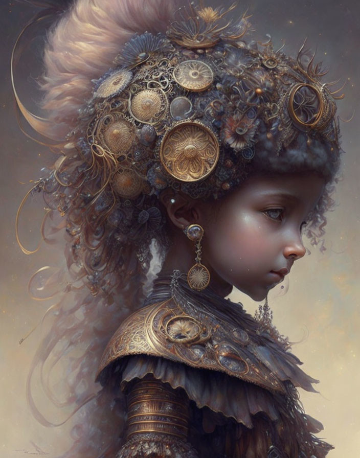 Young girl with steampunk helmet and shoulder armor on soft background