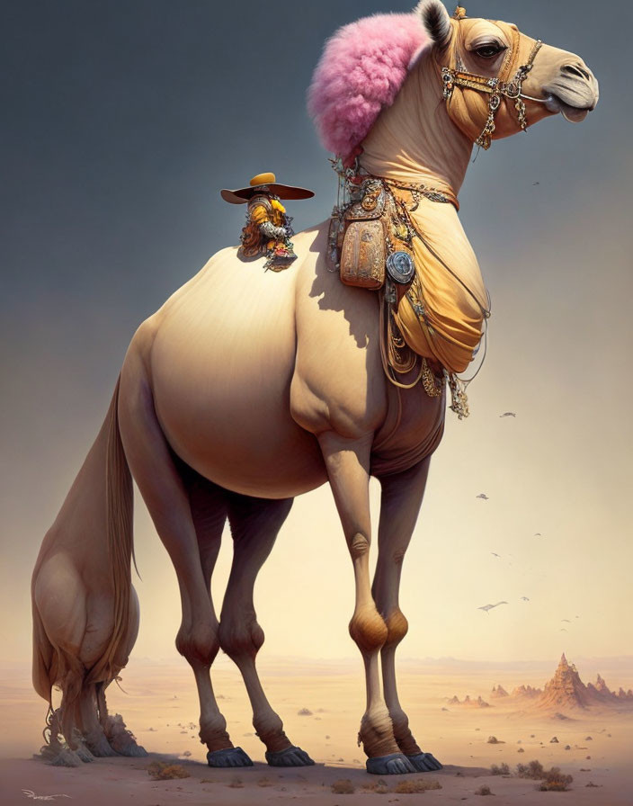 Majestic camel with intricate tack in desert with rider in sombrero