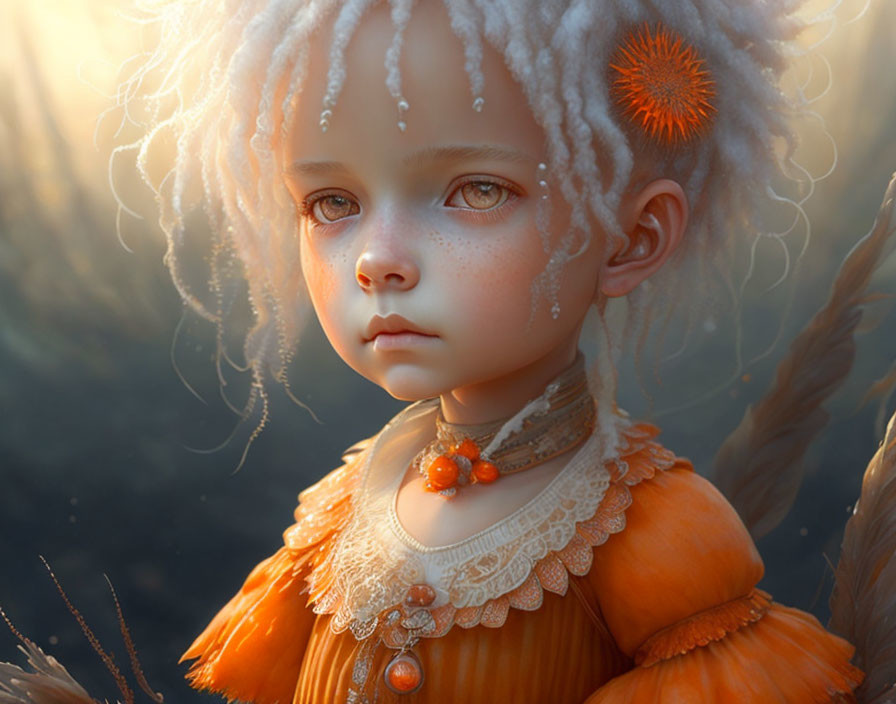 Digital art portrait of a young girl with pale skin, curly white hair, orange flowers, and lace