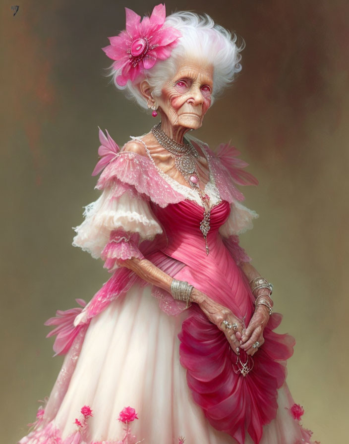 Elderly woman in pink dress and flower accessory poses elegantly