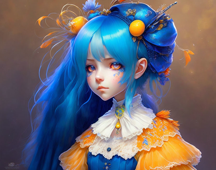 Girl with Blue Hair and Large Eyes Adorned with Flowers in Orange and Blue Dress