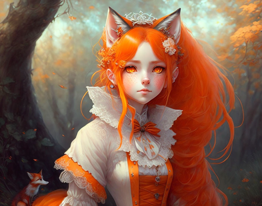 Fantasy illustration: Girl with fox ears in autumn forest