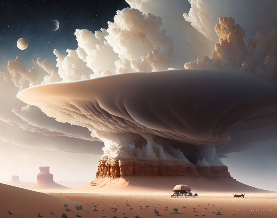 Desert landscape with dramatic sky, mushroom cloud, vehicle, camel, and two moons.