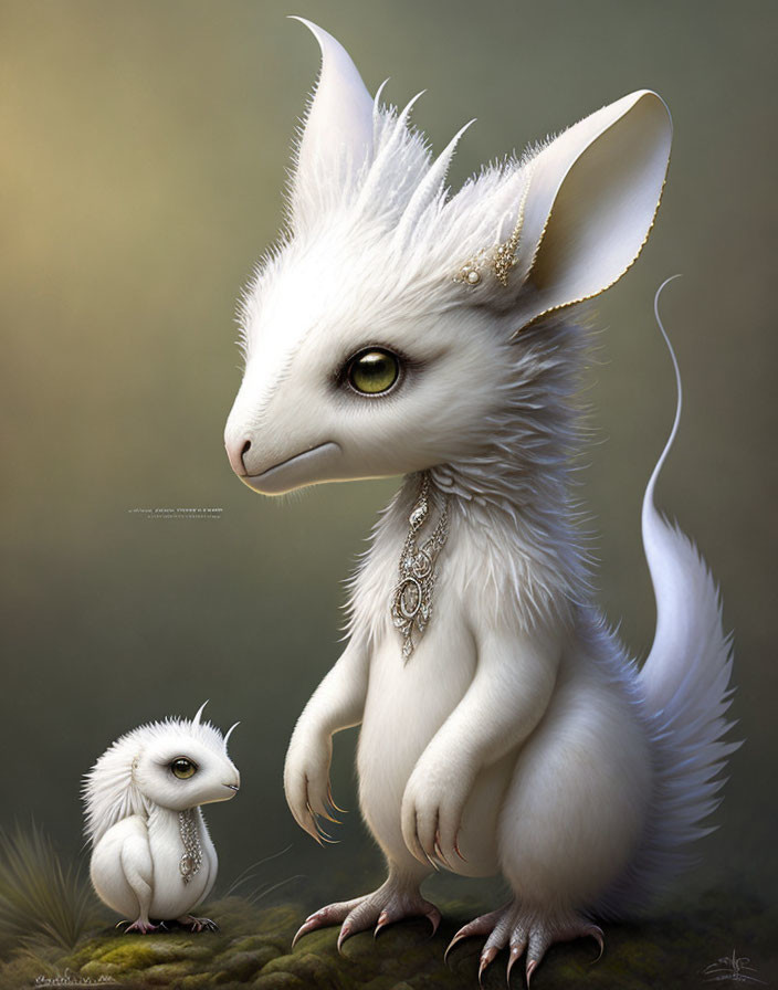 Fantasy creatures with white fur and green eyes in elegant jewelry, in serene setting