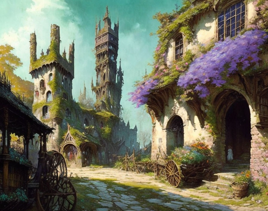 Fantasy landscape with cobblestone path, medieval structures, lush greenery, purple flowers, clear