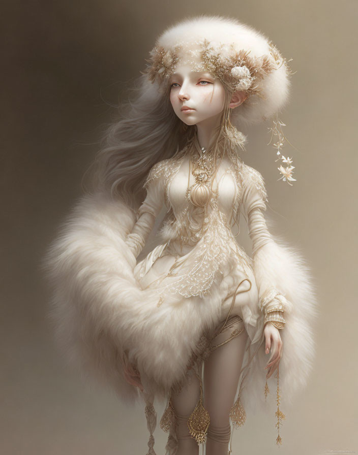 Fantasy character with long white hair and gold accessories in fur-trimmed outfit