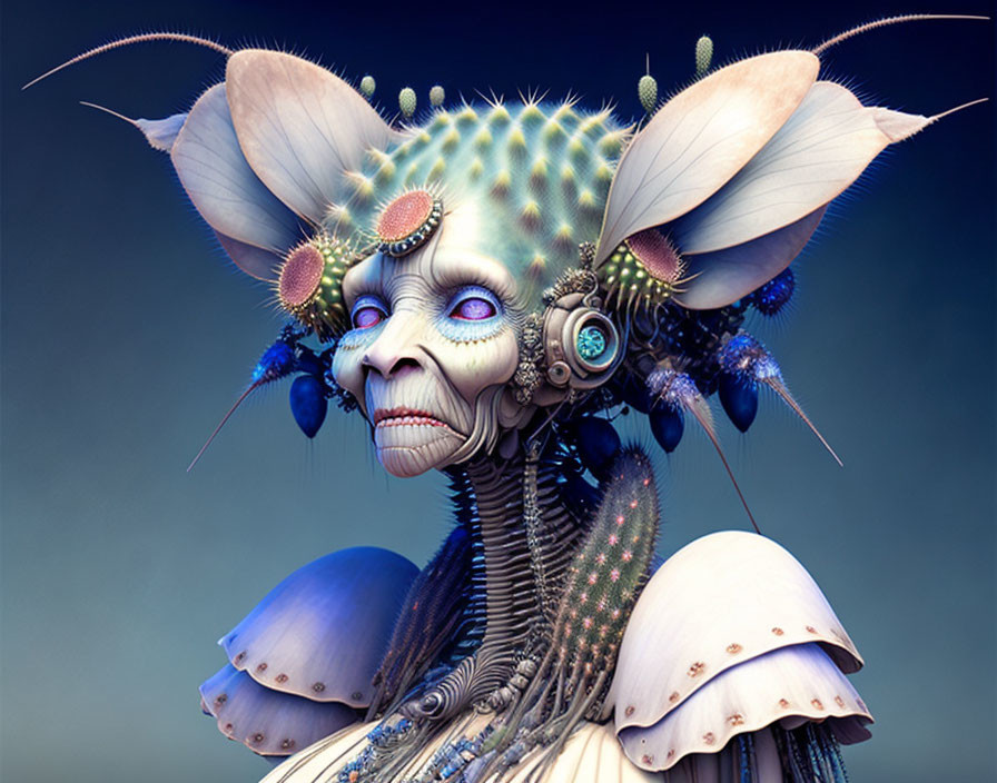 Fantastical creature with moth-like antennae and mechanical details