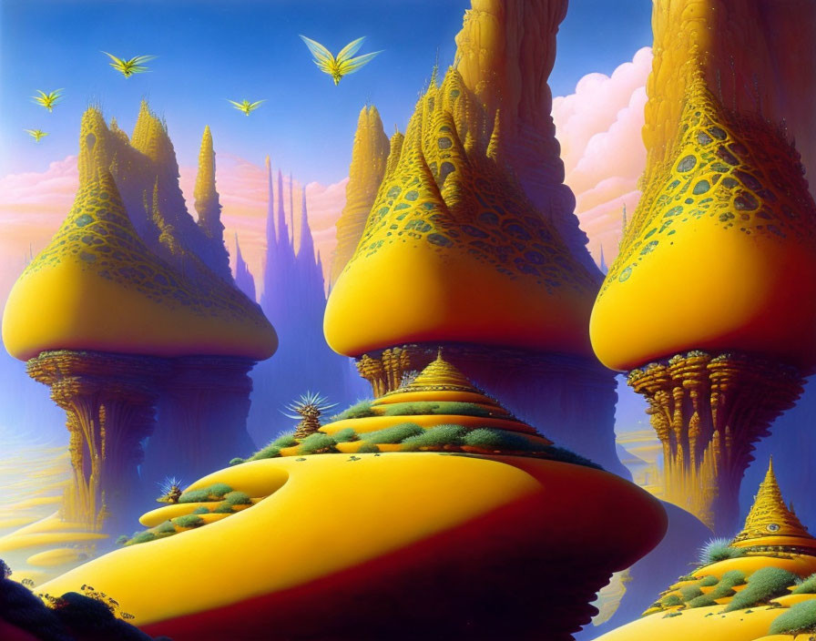 Golden mushroom-shaped structures in surreal landscape with lush greenery and flying birds