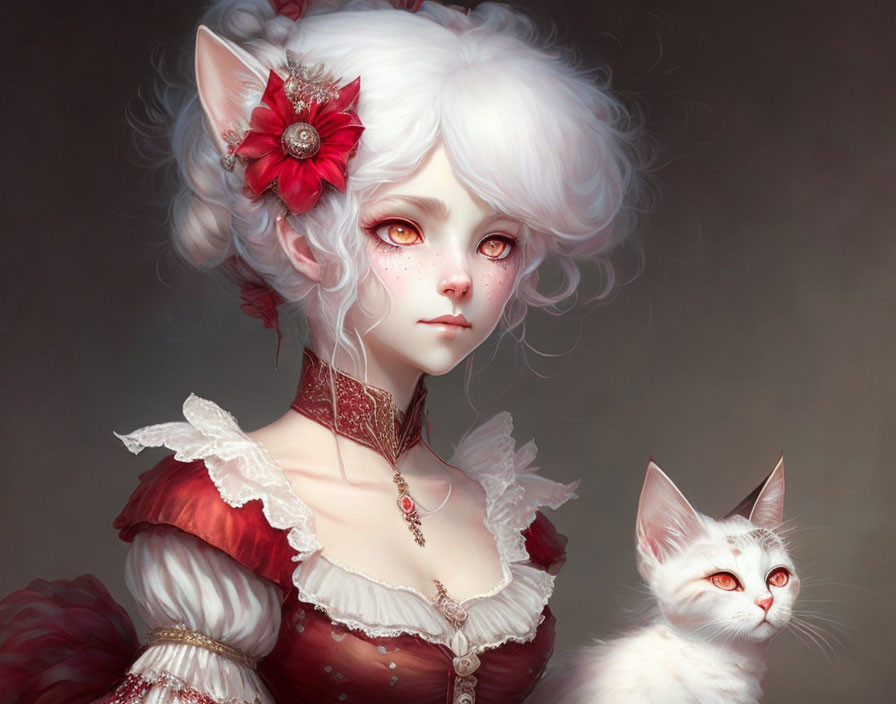 Character with Cat-Like Features in Red and White Dress with Flower, White Cat