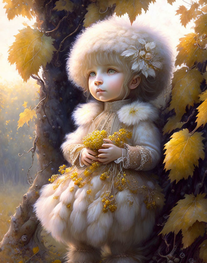 Child in white coat holding yellow flowers among autumn leaves