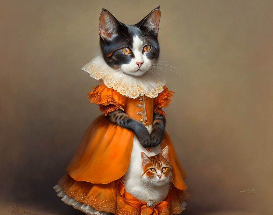 Digital artwork: Two cats in human-like poses, one in orange dress with white ruff collar.