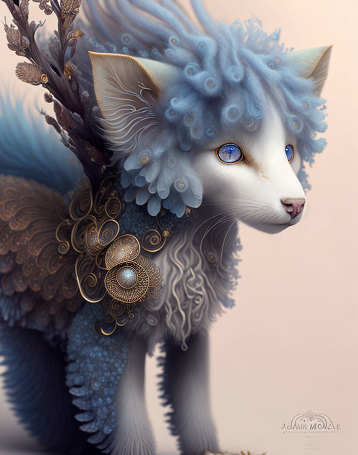 Blue-furred mythical creature with golden accessories and feather-like details