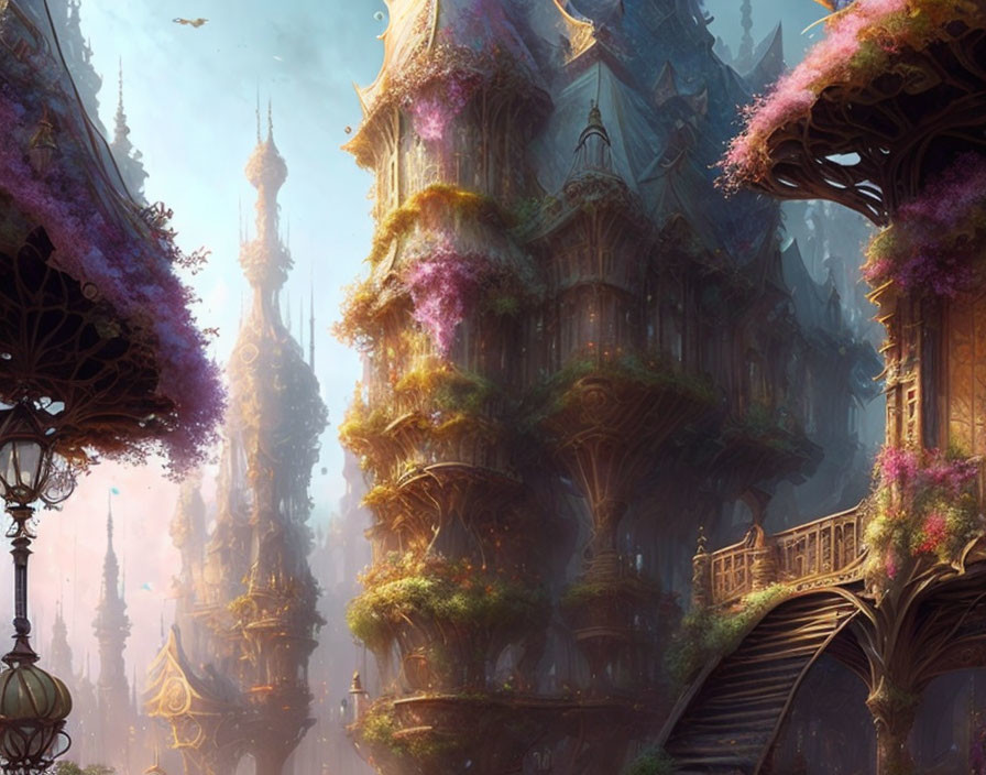 Ethereal fantasy city with ornate buildings and vibrant foliage