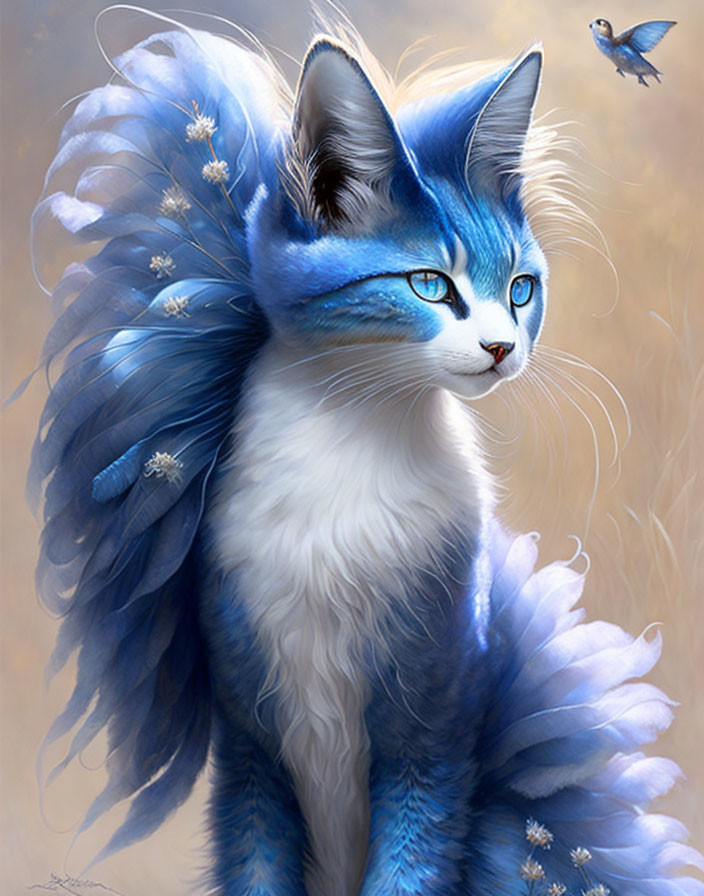 Illustration of blue and white cat with butterfly wings and birds.