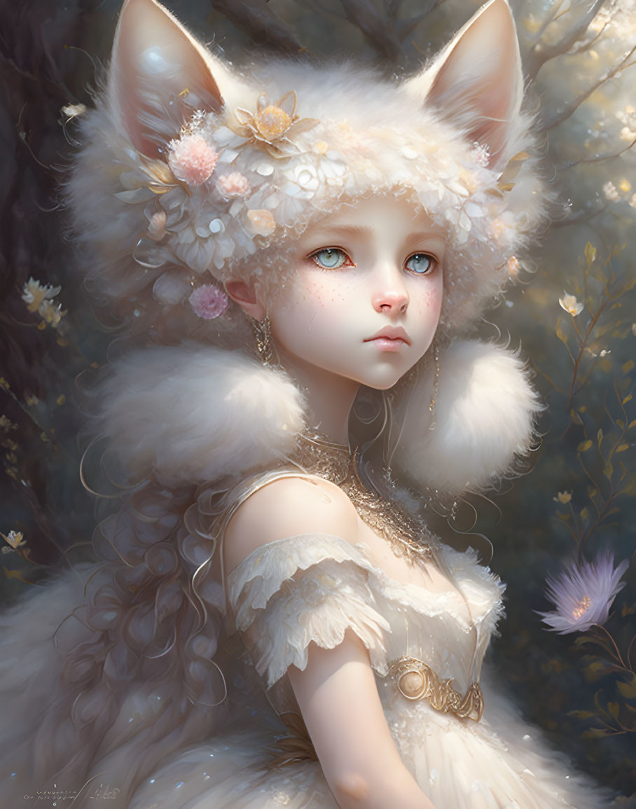 Fantasy portrait: Girl with fox-like ears and fur in enchanted forest