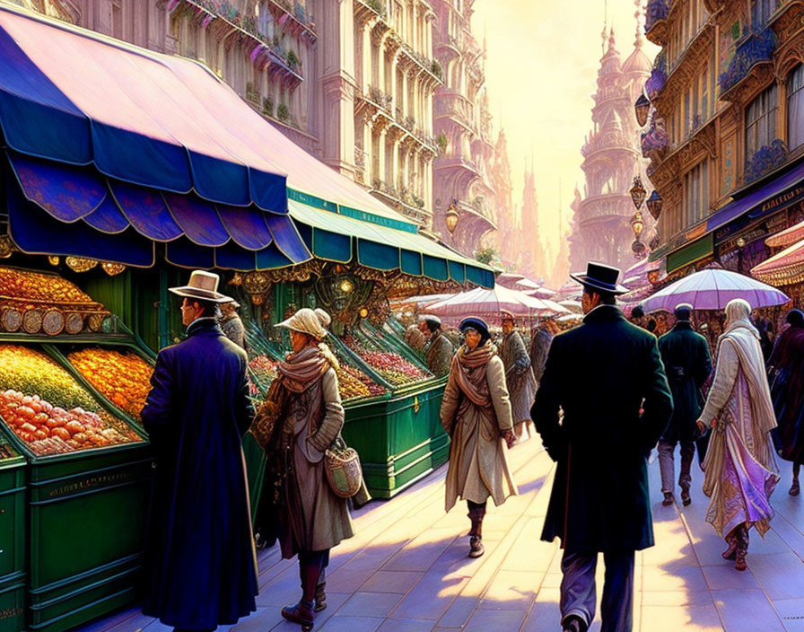 Victorian-era street scene with people in period attire and market stalls under ornate building façades.