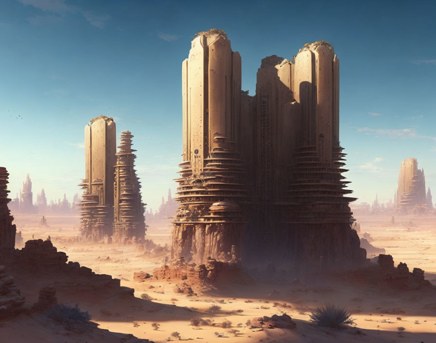 Eroded cylindrical structures in desert ruins at sunset