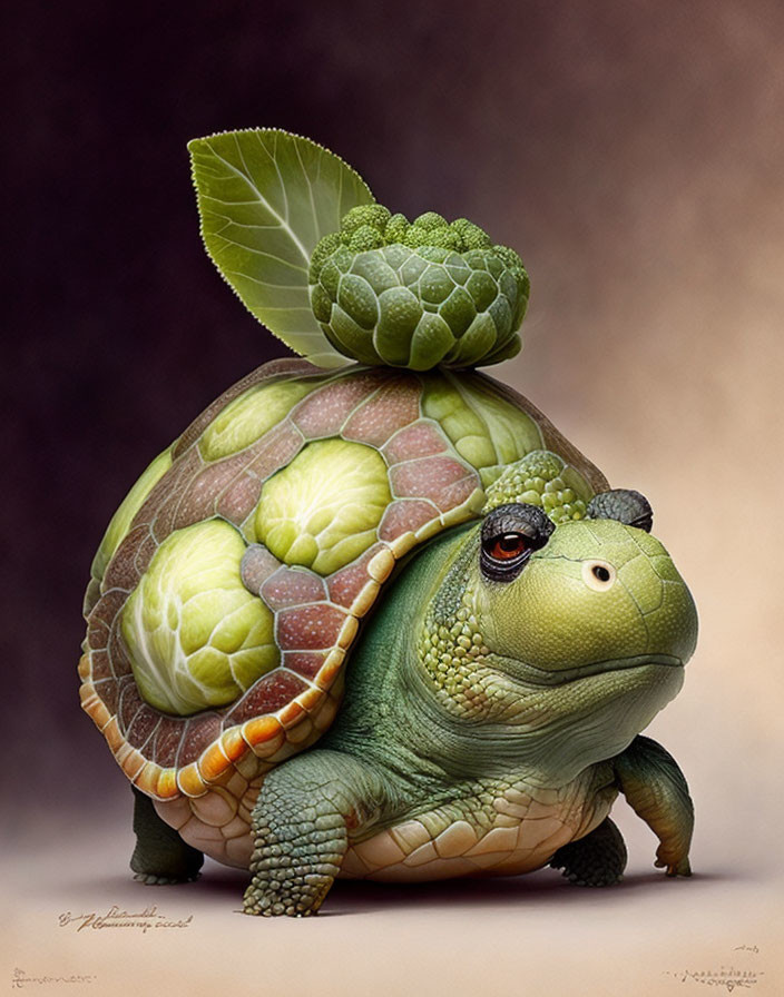 Whimsical turtle with cabbage shell on muted backdrop