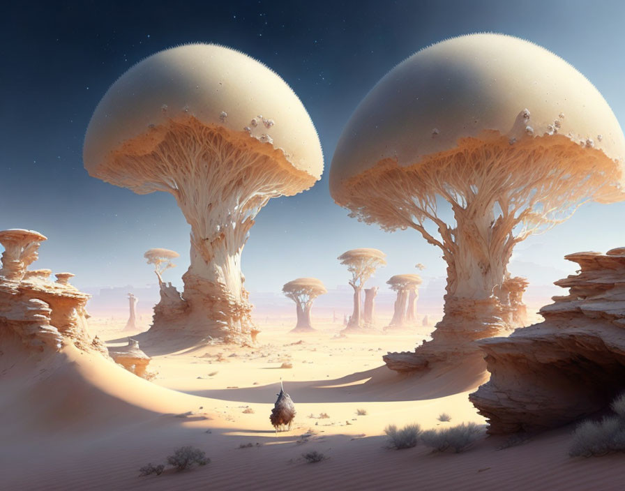 Fantastical desert landscape with towering mushroom-like structures