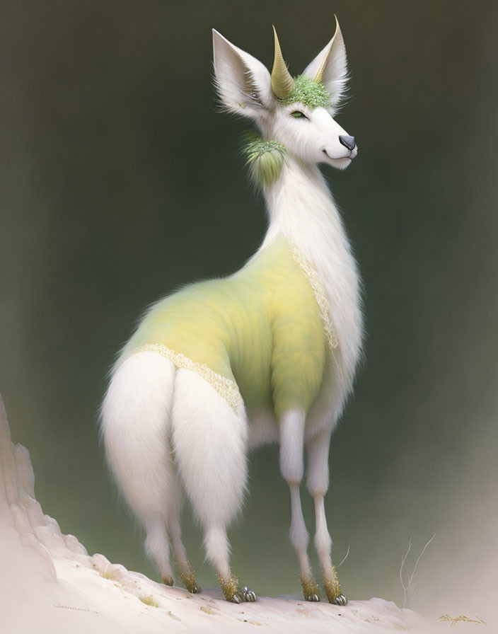 Illustrated llama creature with pearl adornments and elegant features